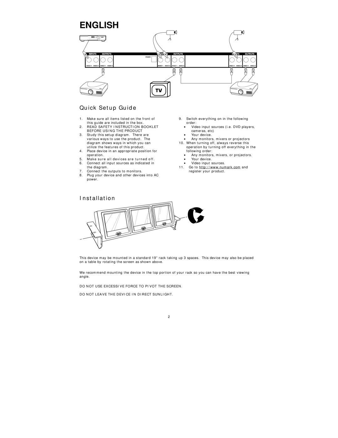 Numark Industries VM03 quick start Quick Setup Guide, Installation, Make sure all devices are turned off 