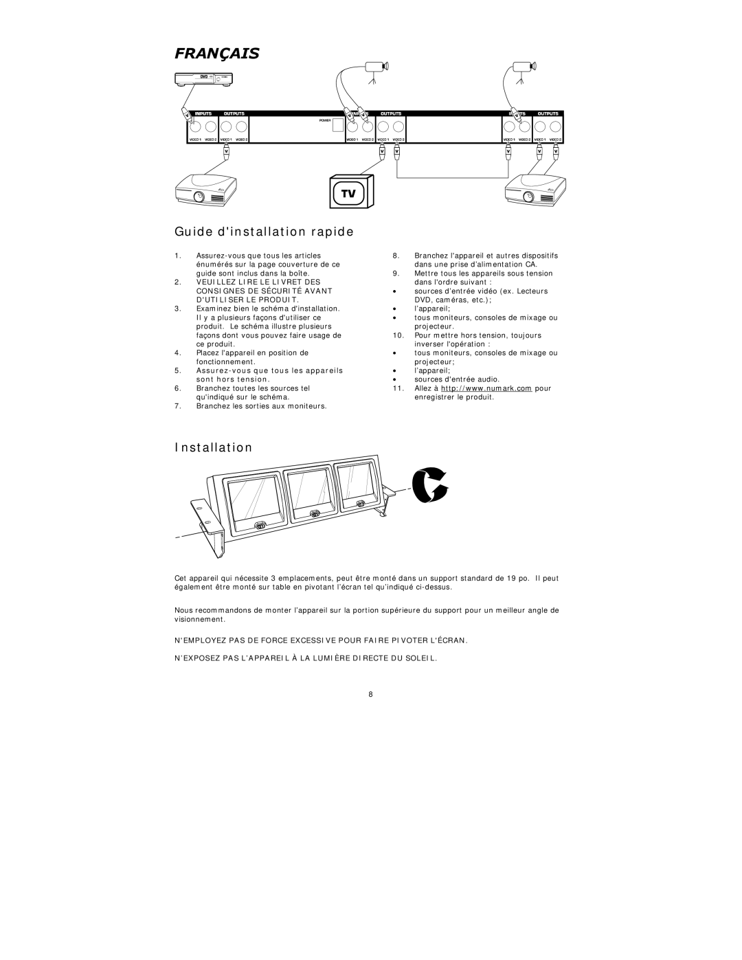 Numark Industries VM03 Français, Guide dinstallation rapide, Assurez-vous que tous les appareils sont hors tension 