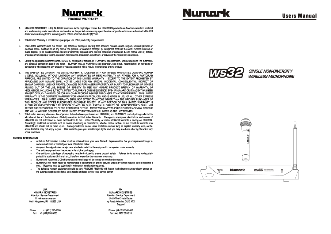 Numark Industries WS32 user manual Users Manual, Product Warranty, Return Information 