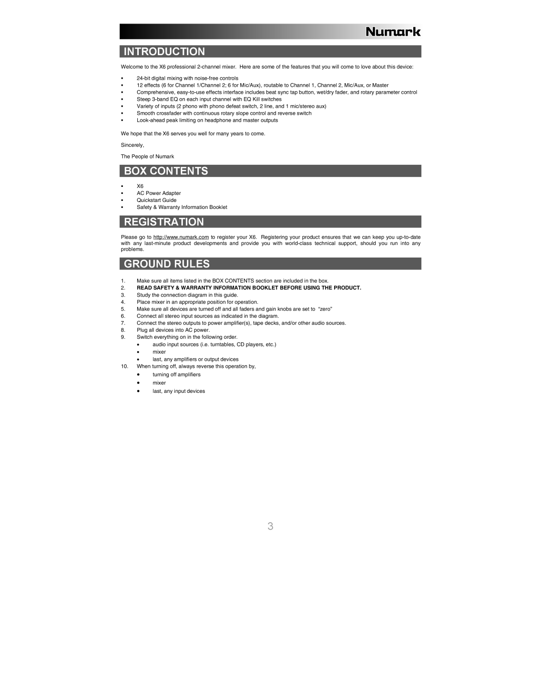 Numark Industries X6 quick start Introduction, BOX Contents, Registration Ground Rules 