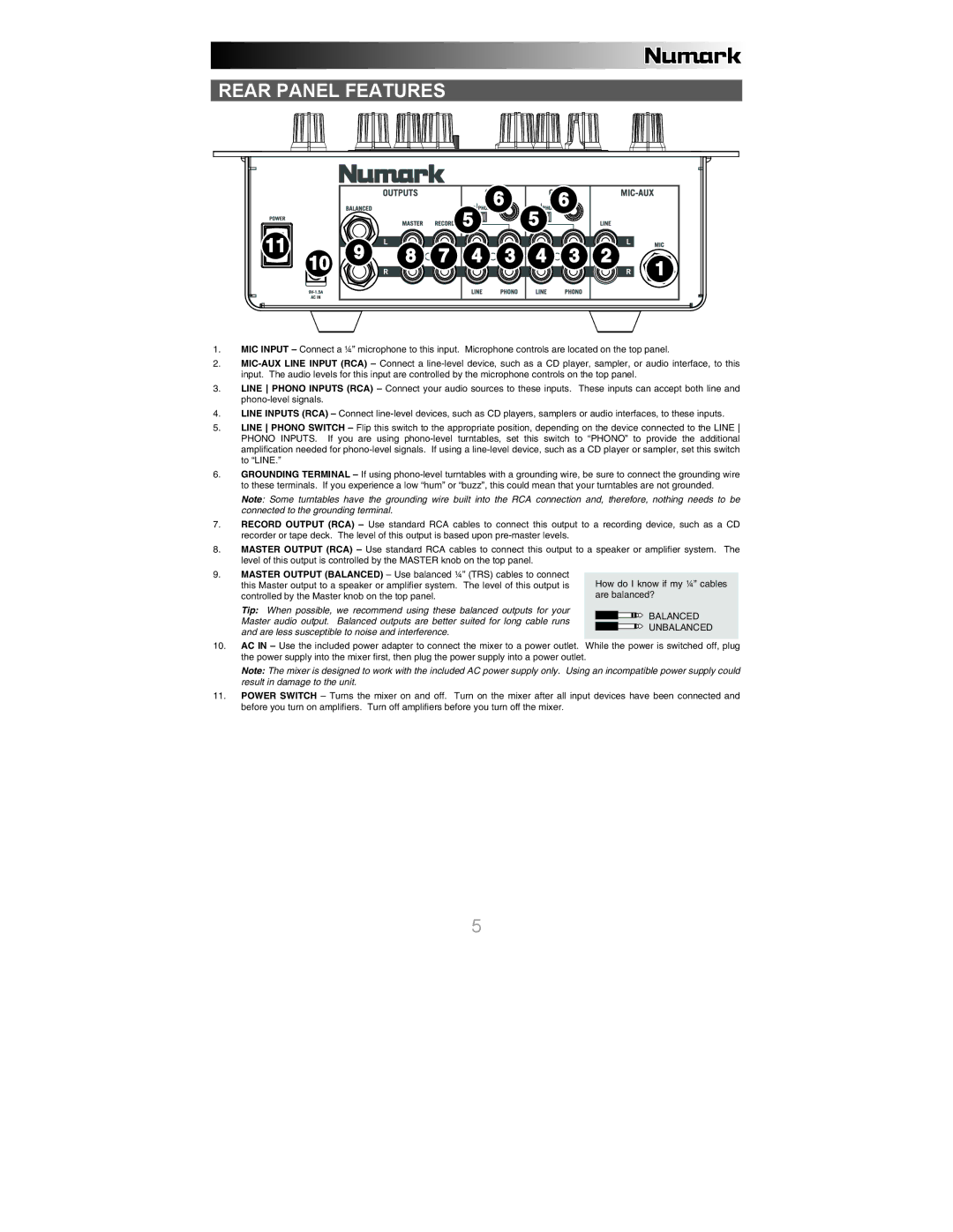 Numark Industries X6 quick start Rear Panel Features, Balanced Unbalanced 