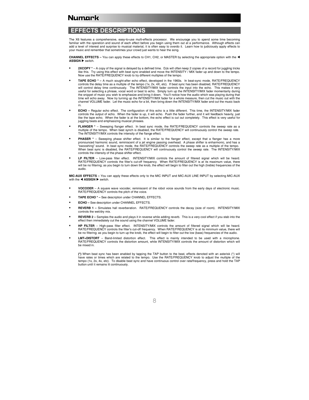 Numark Industries X6 quick start Effects Descriptions 