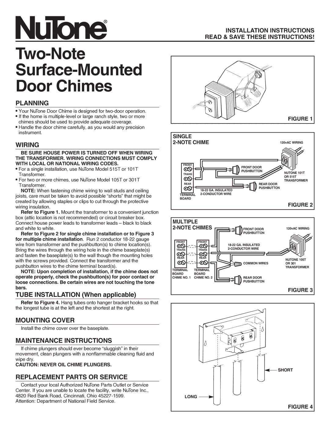 NuTone 515T, 101T installation instructions Planning, Wiring, Mounting Cover, Maintenance Instructions 