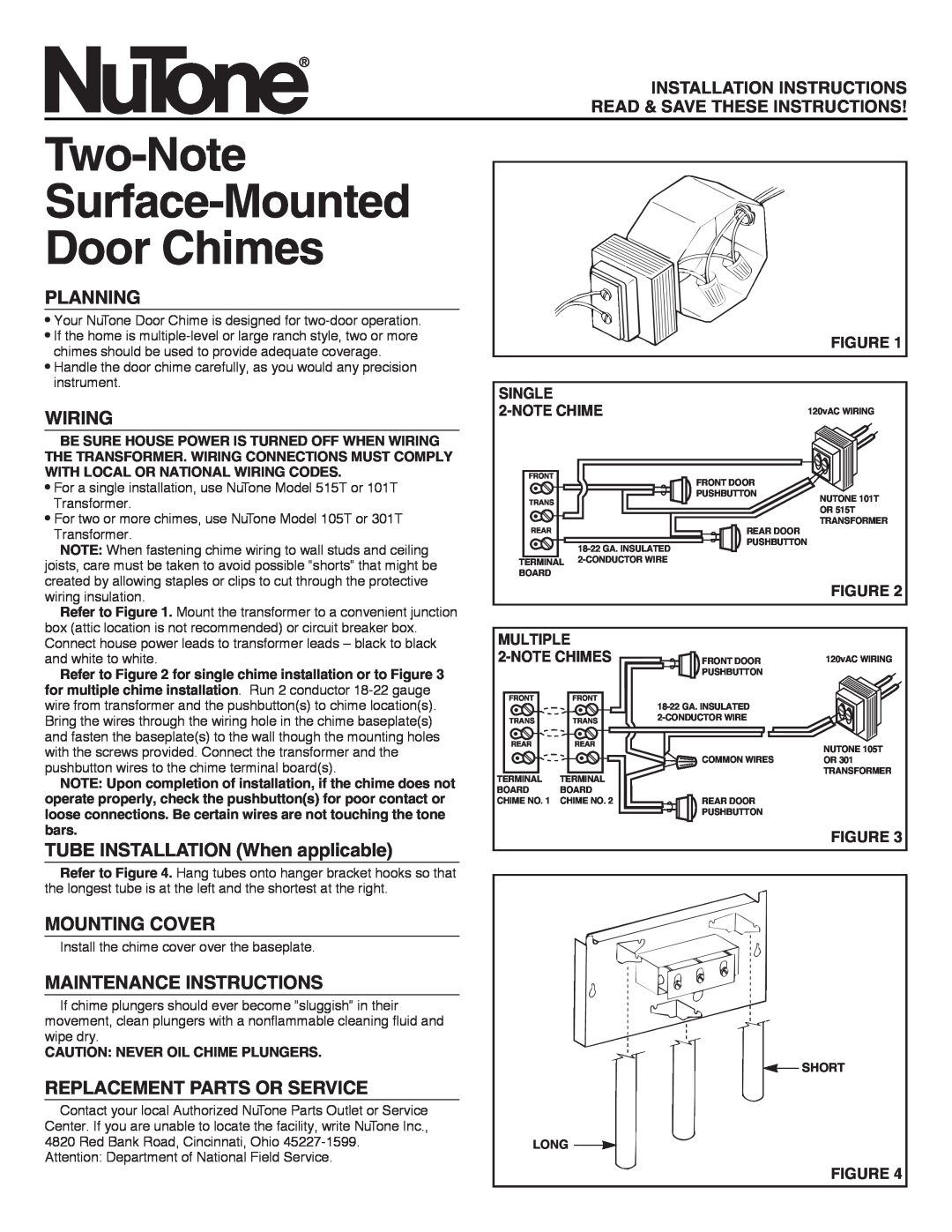 NuTone 515T, 101T installation instructions Two-Note Surface-Mounted Door Chimes, Planning, Wiring, Mounting Cover, Single 