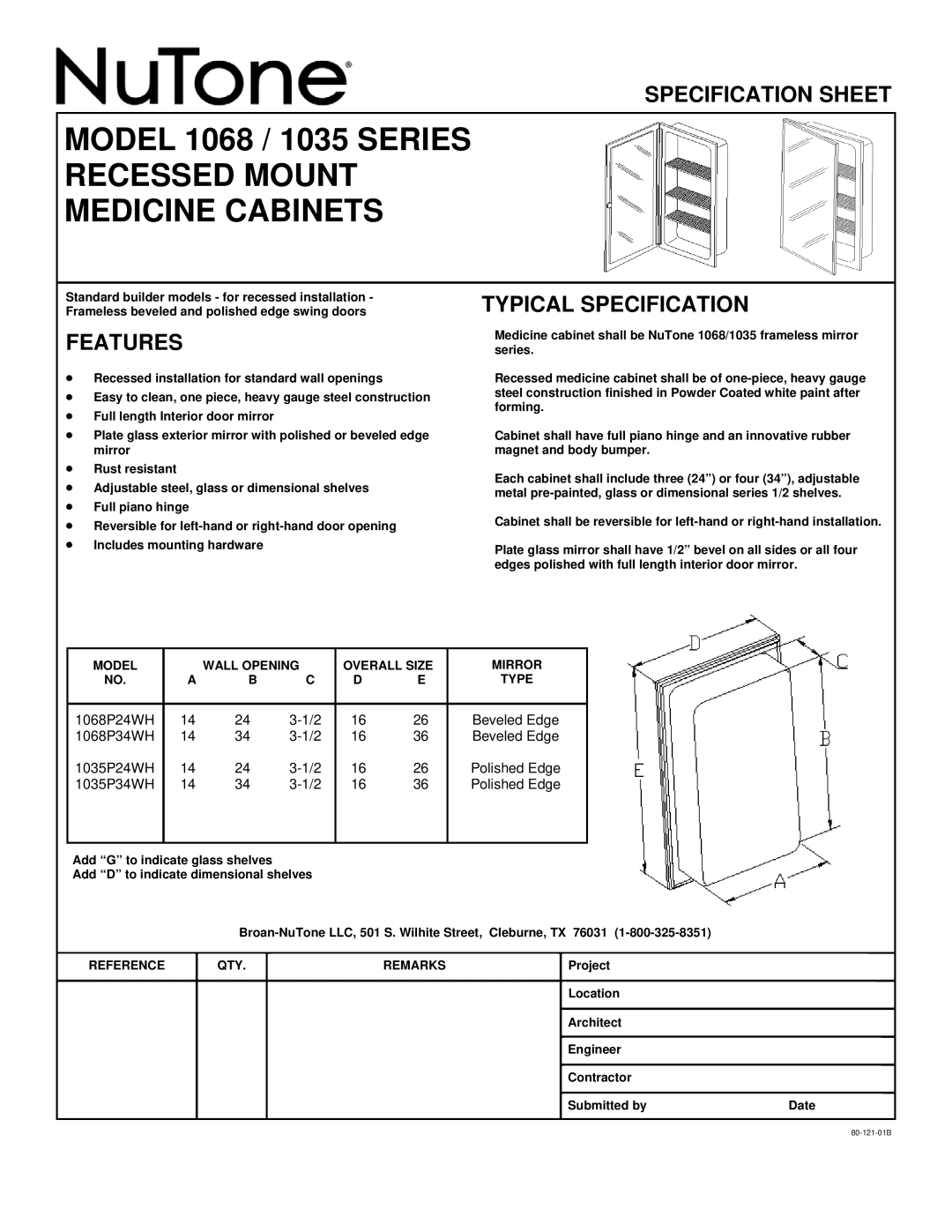 NuTone specifications MODEL 1068 / 1035 SERIES RECESSED MOUNT, Medicine Cabinets, Specification Sheet, Features 