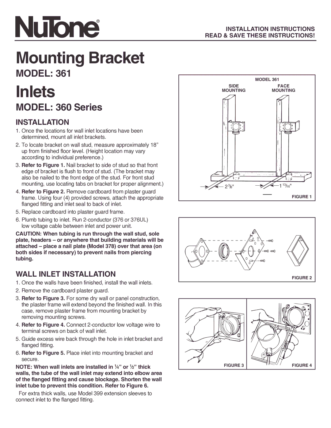 NuTone 361 installation instructions Mounting Bracket, Inlets, Model 360 Series 