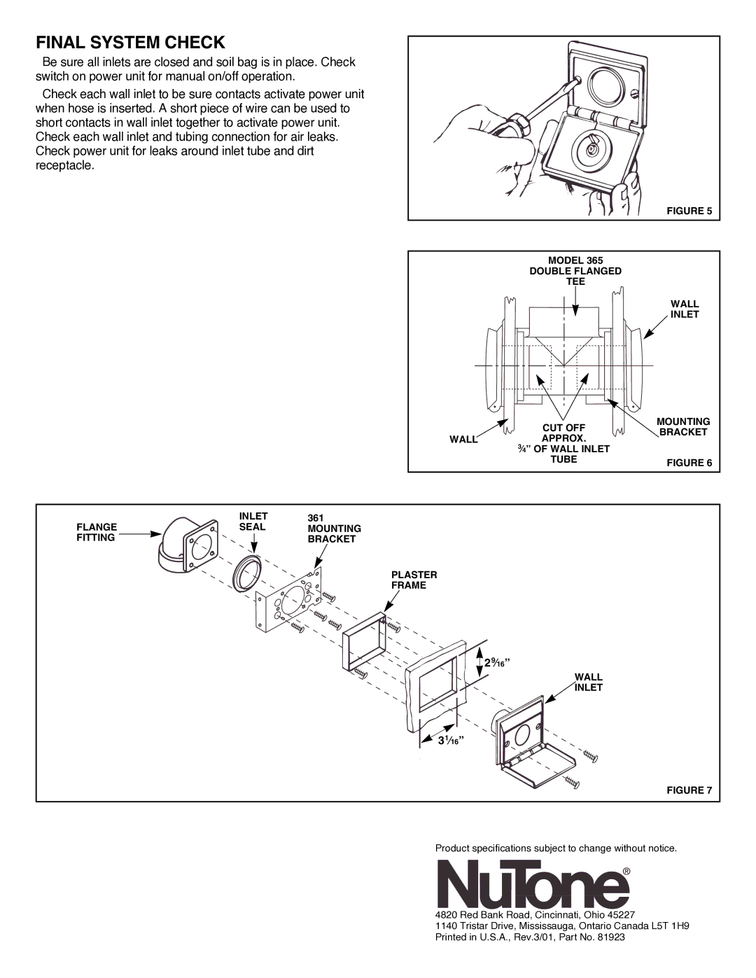 NuTone 361 installation instructions Final System Check, 31⁄16 