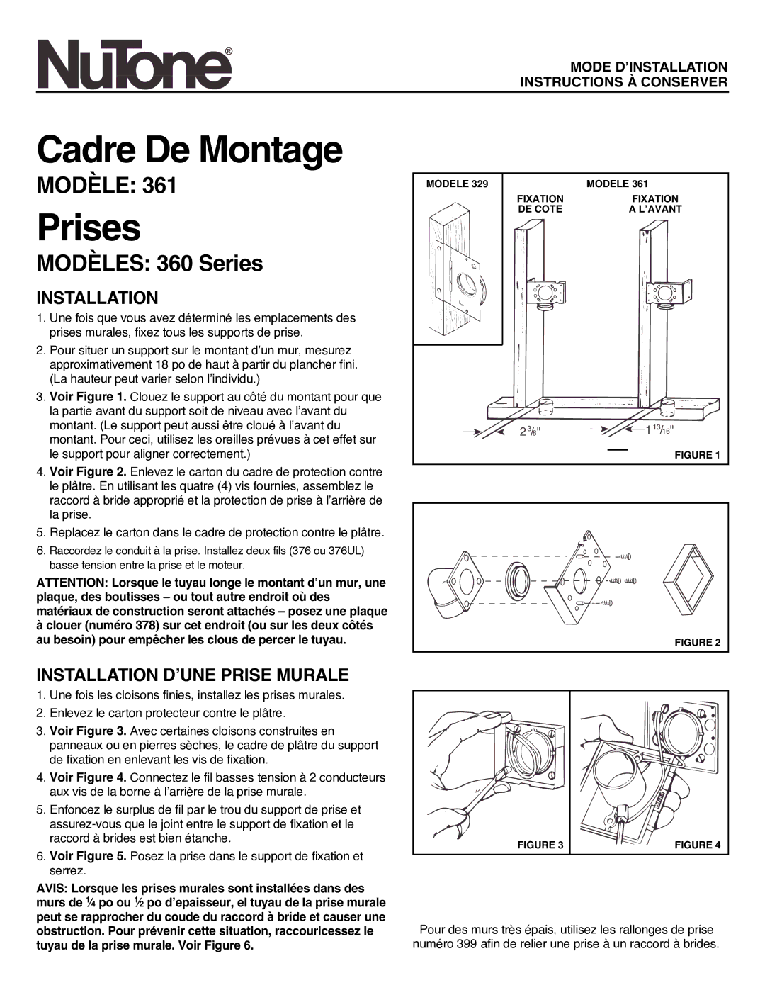 NuTone 361 installation instructions Cadre De Montage, Prises, Modèles 360 Series, Installation D’UNE Prise Murale 