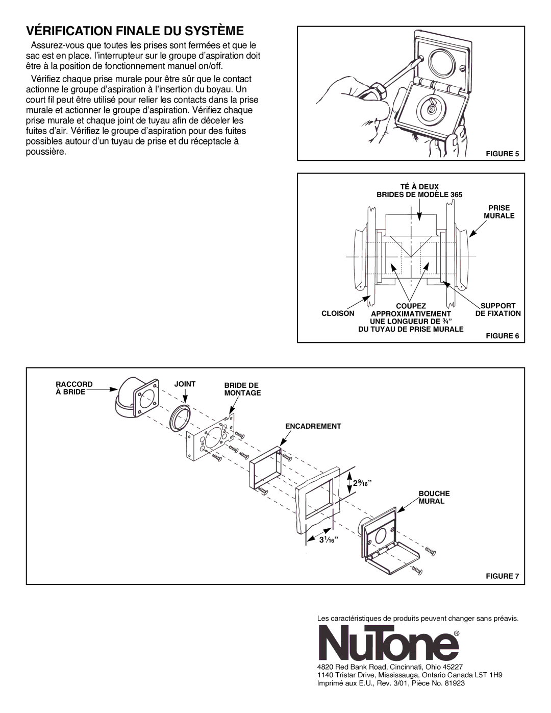 NuTone 361 installation instructions Vérification Finale DU Système 