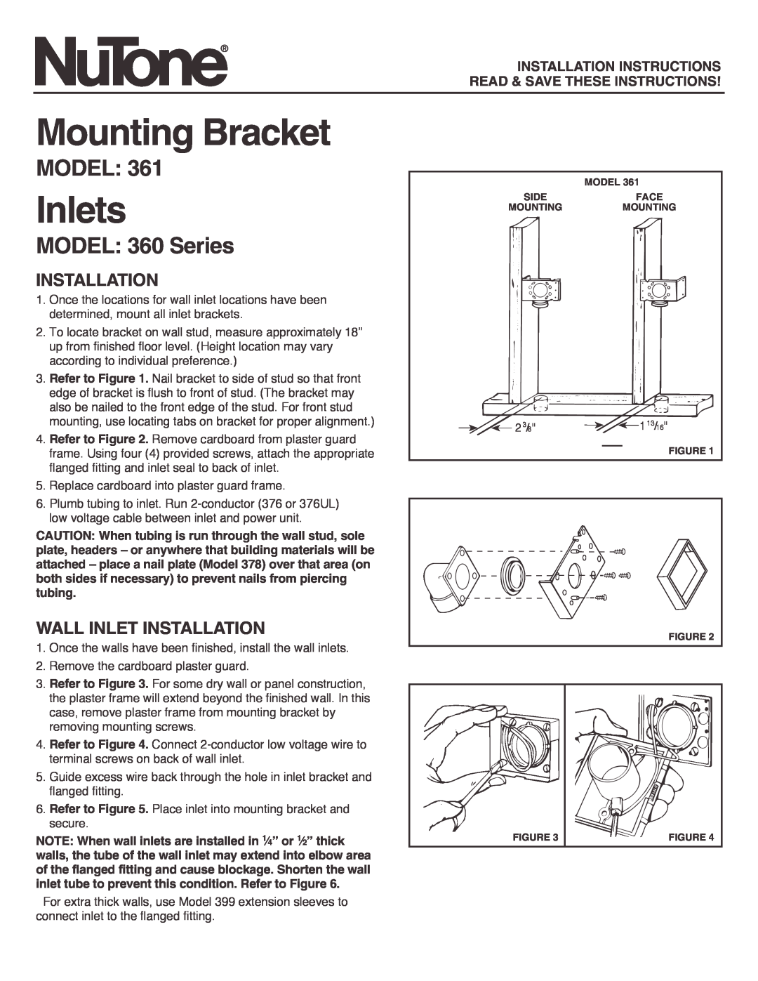 NuTone 361 installation instructions Mounting Bracket, Inlets, Model, MODEL 360 Series, Installation, 23/8, 113/16 