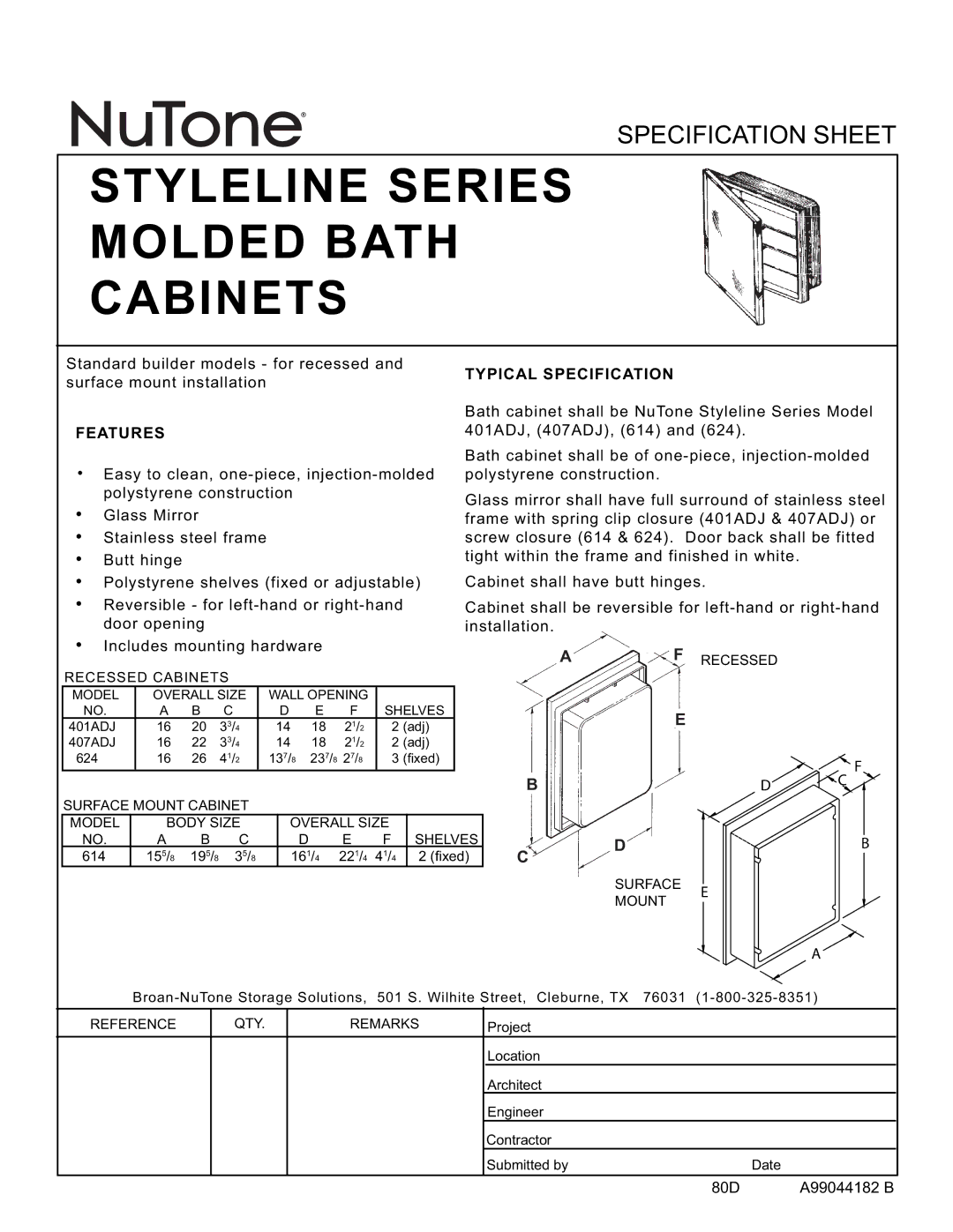 NuTone 407ADJ, 401ADJ, 614, 624 specifications Styleline Series Molded Bath Cabinets, Bd C, Features, Typical Specification 