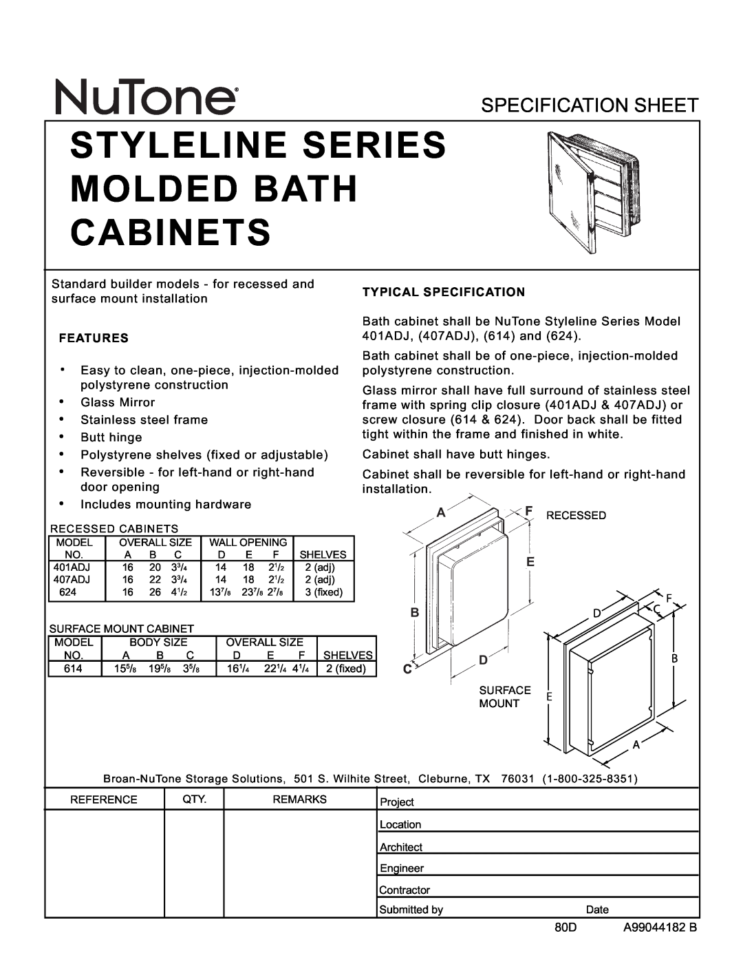 NuTone 407ADJ, 401ADJ, 614, 624 specifications Styleline Series Molded Bath Cabinets, Specification Sheet, Bd C, Features 