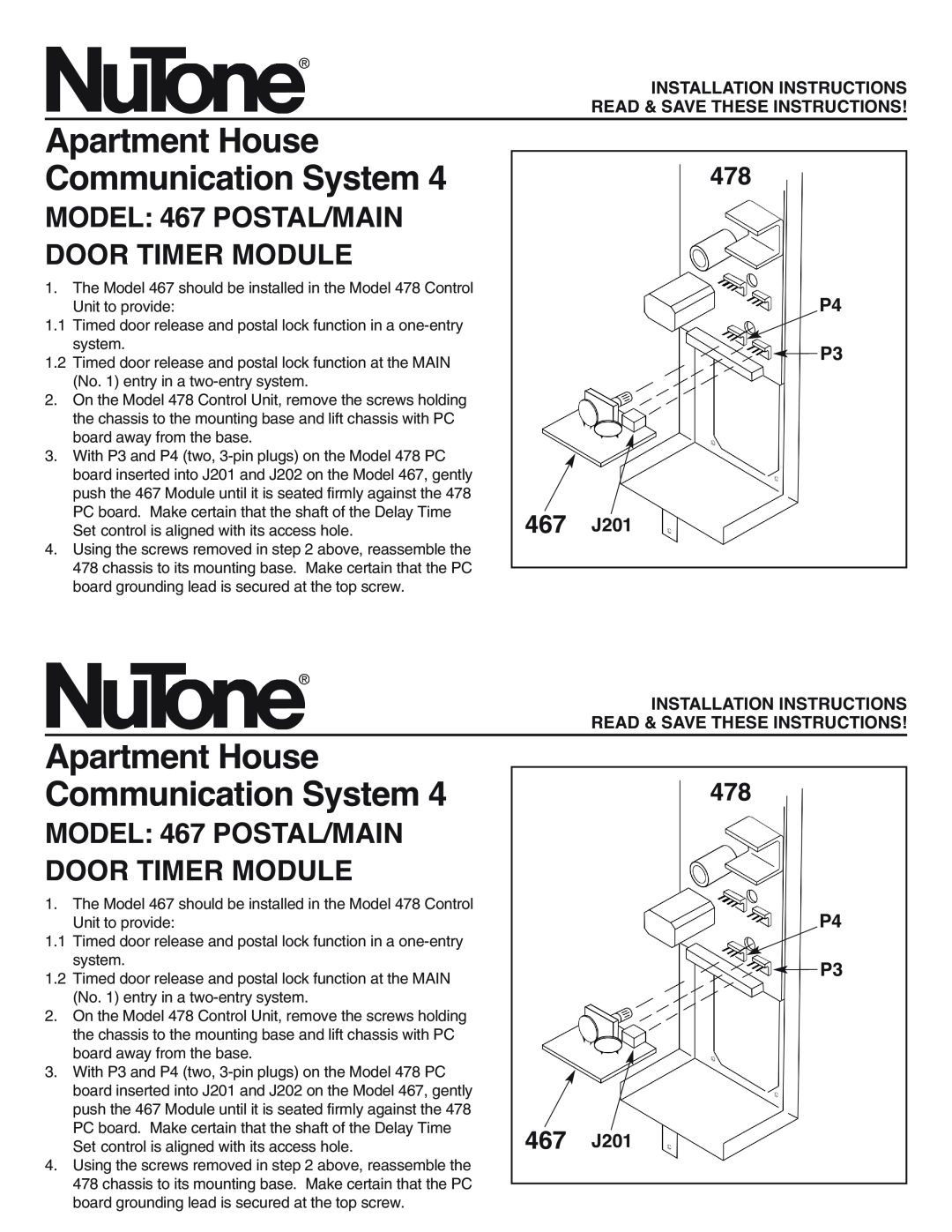 NuTone installation instructions Apartment House Communication System, MODEL 467 POSTAL/MAIN DOOR TIMER MODULE, P4 P3 
