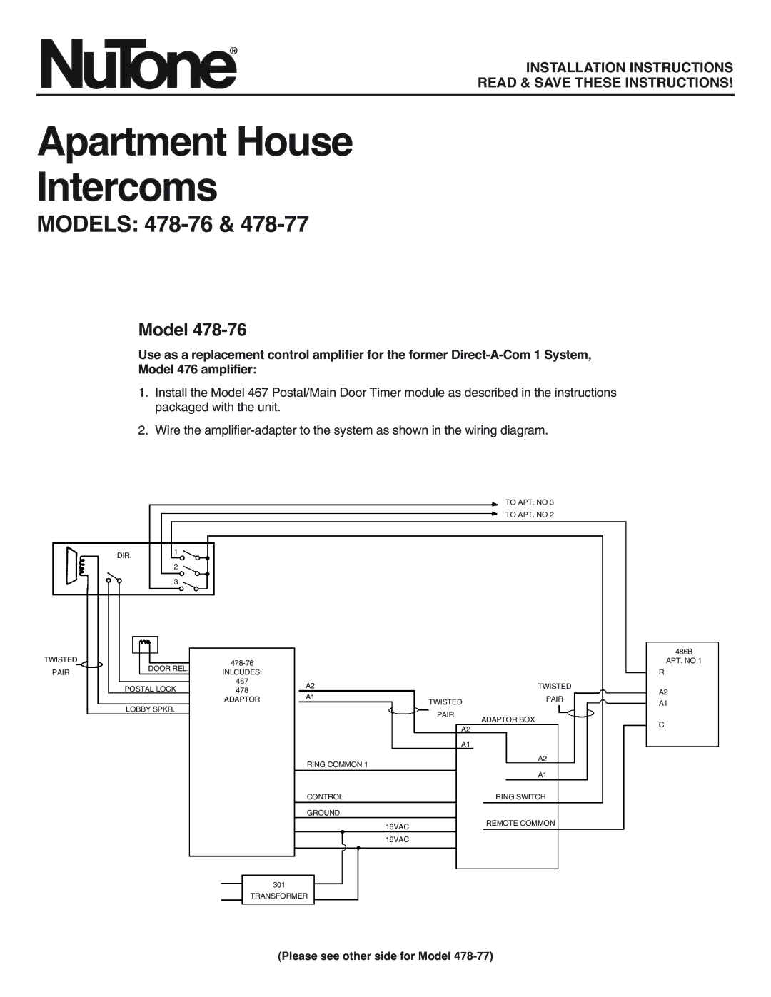 NuTone 478-76.478-77 installation instructions Apartment House Intercoms, Models 478-76 