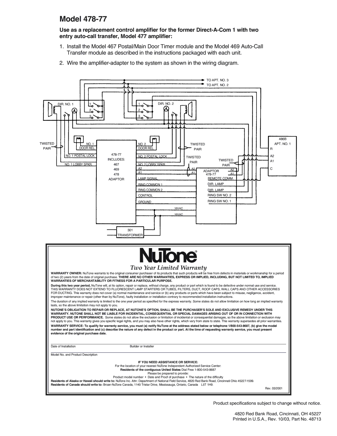 NuTone 478-76.478-77 installation instructions Two Year Limited Warranty, If YOU Need Assistance or Service 