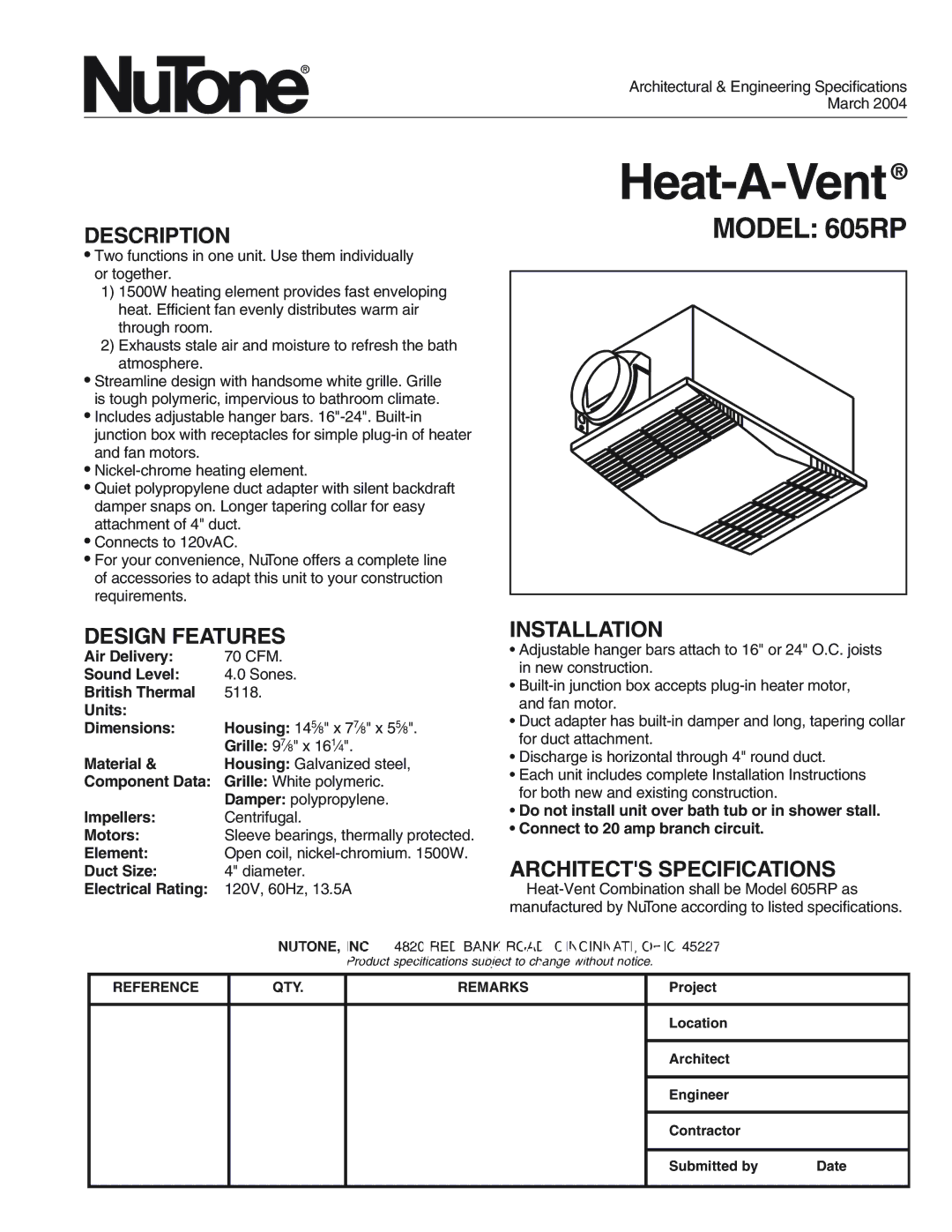 NuTone specifications Heat-A-Vent, Model 605RP 