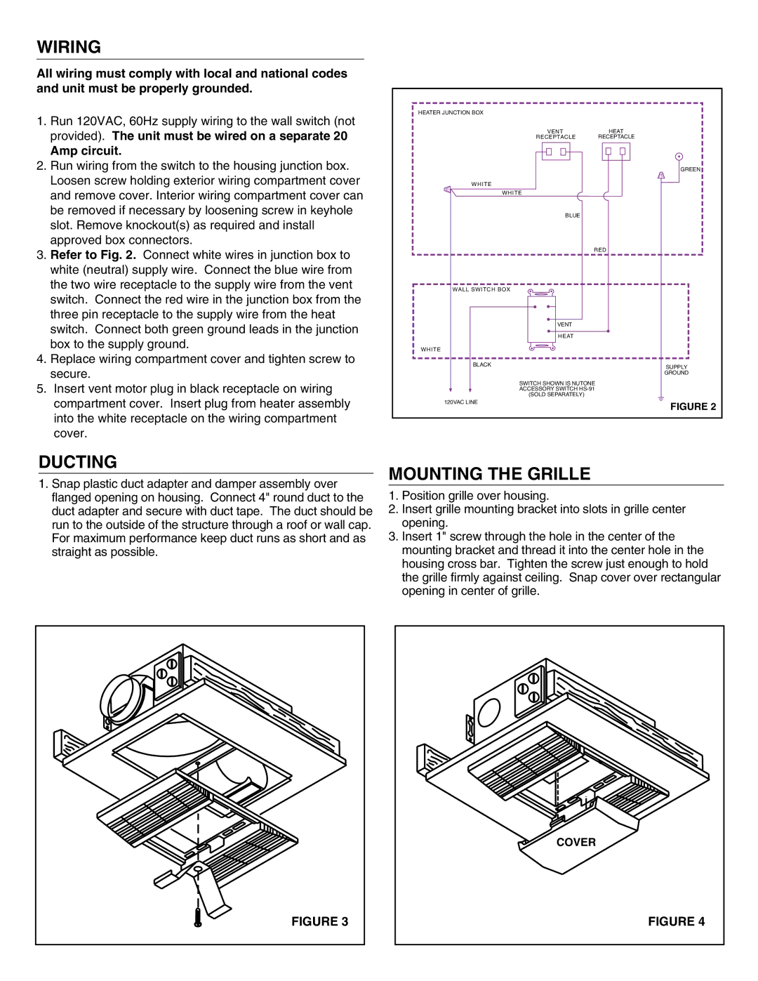 NuTone 605RP installation instructions Wiring, Ducting, Mounting the Grille, Amp circuit 