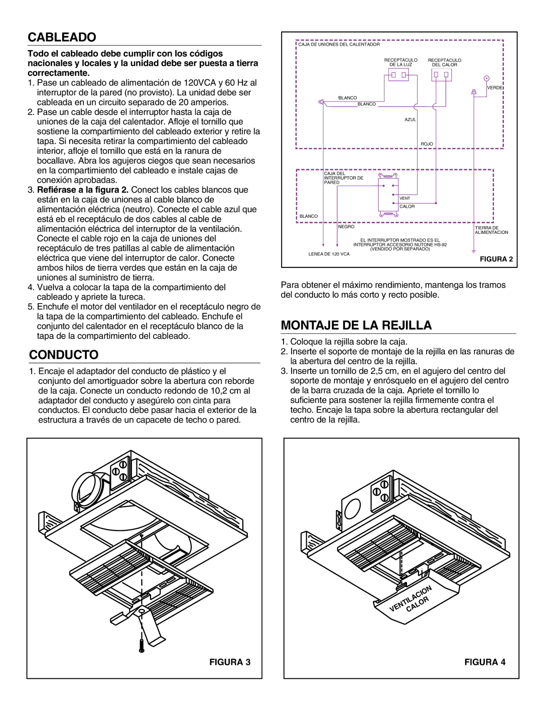 NuTone 605RP installation instructions Cableado, Conducto, Montaje DE LA Rejilla 