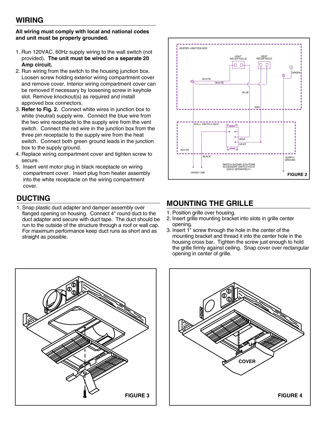 NuTone 605RP installation instructions Wiring, Ducting, Mounting The Grille, Amp circuit 