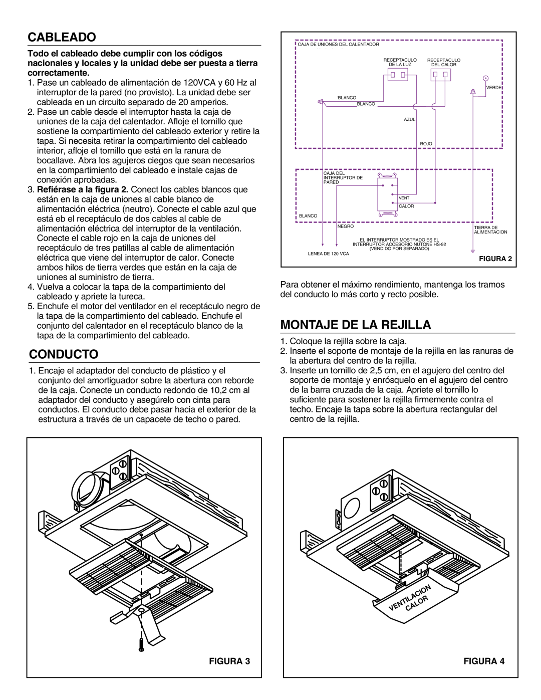 NuTone 605RP installation instructions Cableado, Conducto, Montaje De La Rejilla, Figura 