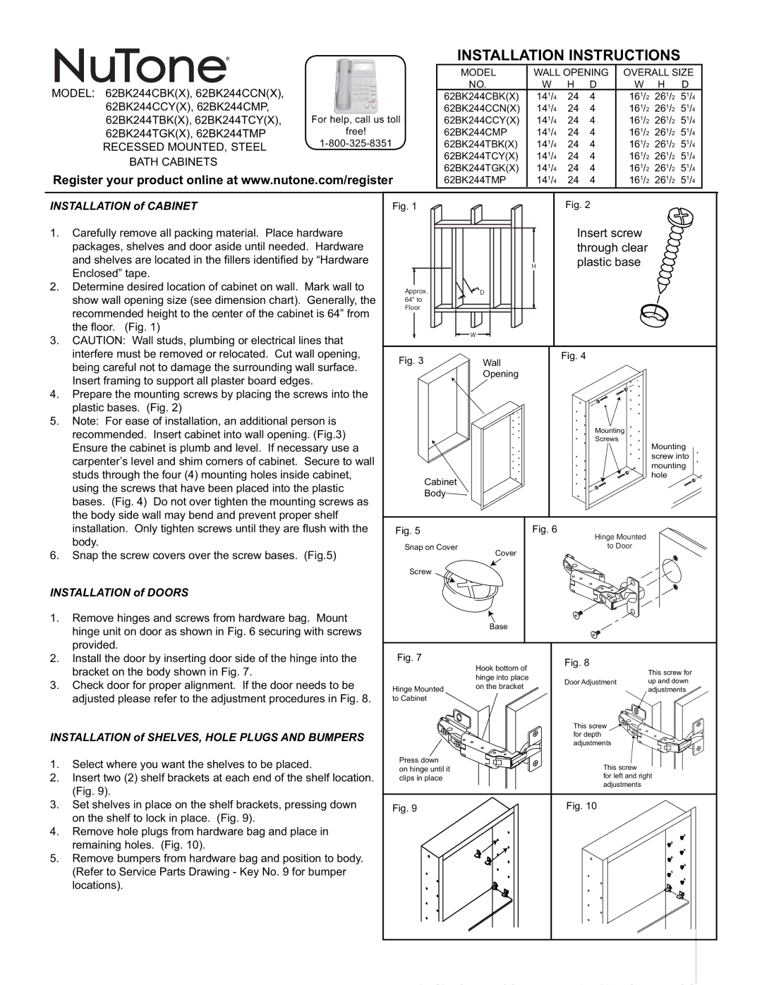 NuTone 62BK244CCN(X) installation instructions Installation of Doors, Installation of SHELVES, Hole Plugs and Bumpers 