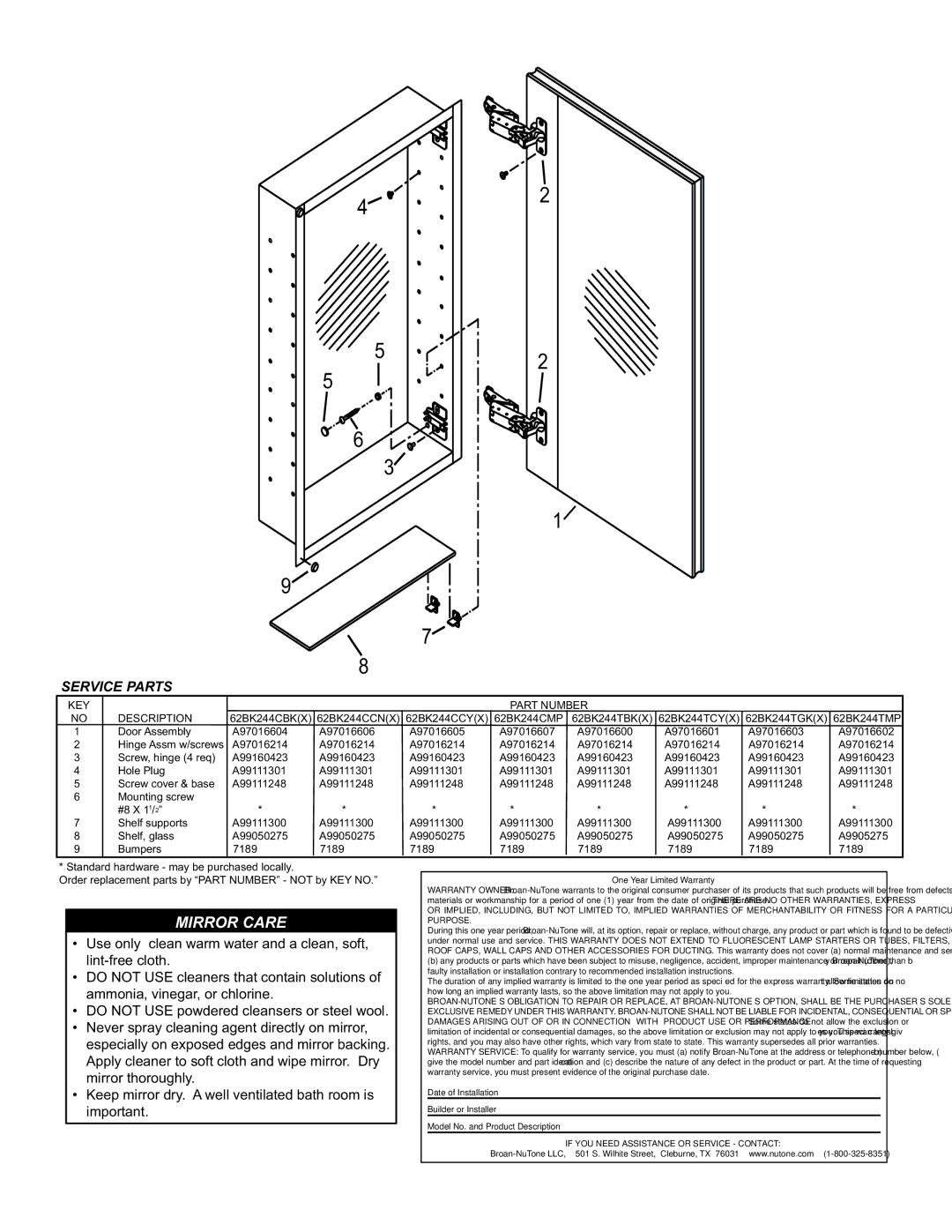 NuTone 62BK244CBK(X), 62BK244CMP, 62BK244CCN(X), 62BK244TCY(X) Mirror Care, Service Parts, KEY Part Number Description 