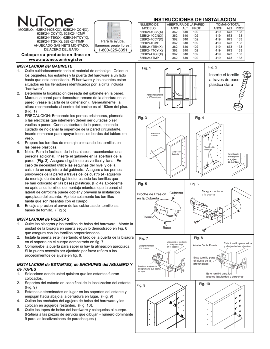 NuTone 62BK244TCY(X), 62BK244CMP Instalacion de Puertas, Instalacion de ESTANTES, de Enchufes del Agujero Y, De Topes 