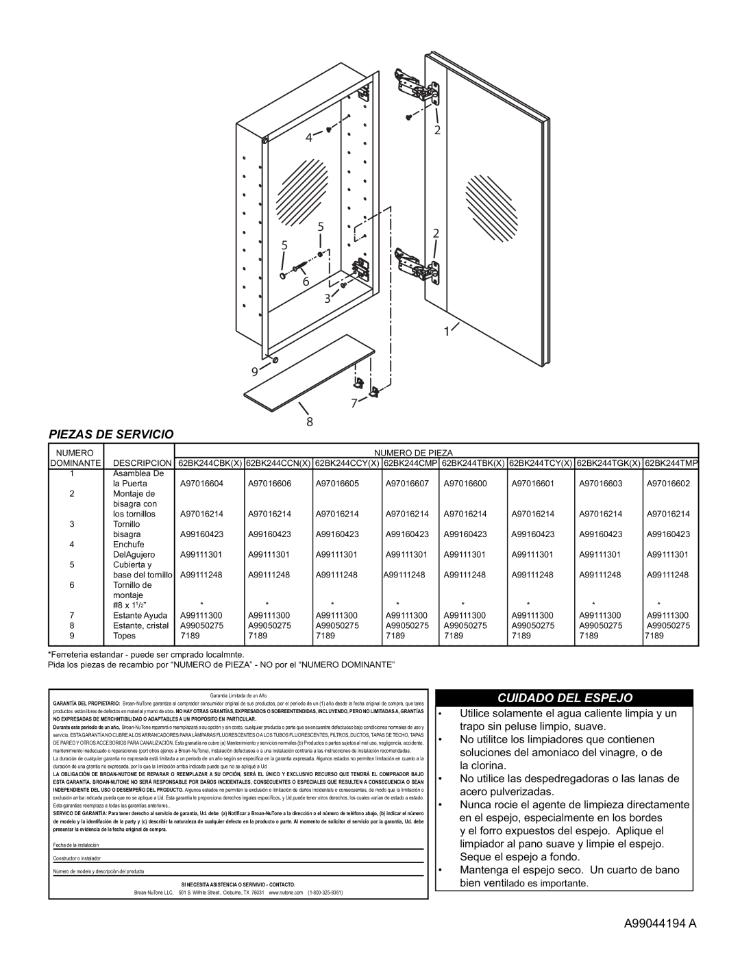NuTone 62BK244CCY(X), 62BK244CMP, 62BK244CCN(X), 62BK244TMP Cuidado DEL Espejo, Numero Numero DE Pieza Dominante Descripcion 
