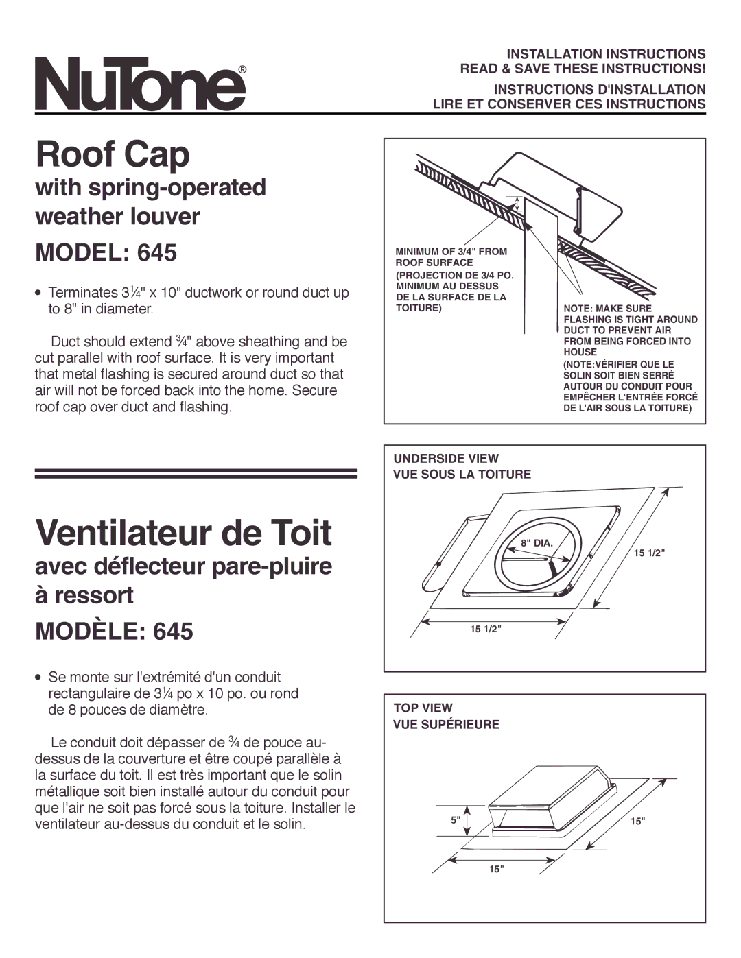 NuTone 645 installation instructions Roof Cap, Ventilateur de Toit, Model, Avec déflecteur pare-pluire Ressort Modèle 