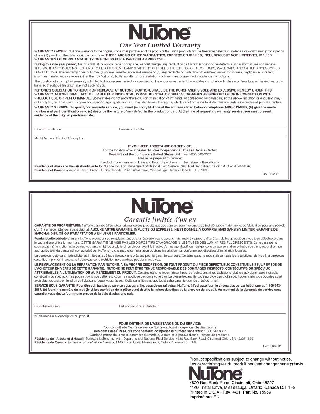 NuTone 645 installation instructions One Year Limited Warranty, Garantie limitée d’un an, If YOU Need Assistance or Service 