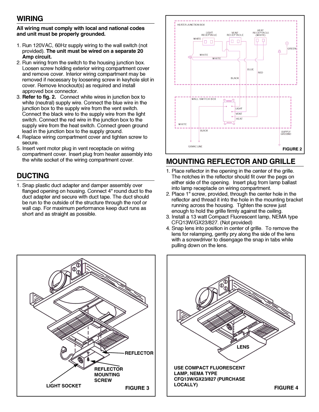 NuTone 665RF installation instructions Wiring, Ducting, Mounting Reflector and Grille, Amp circuit 