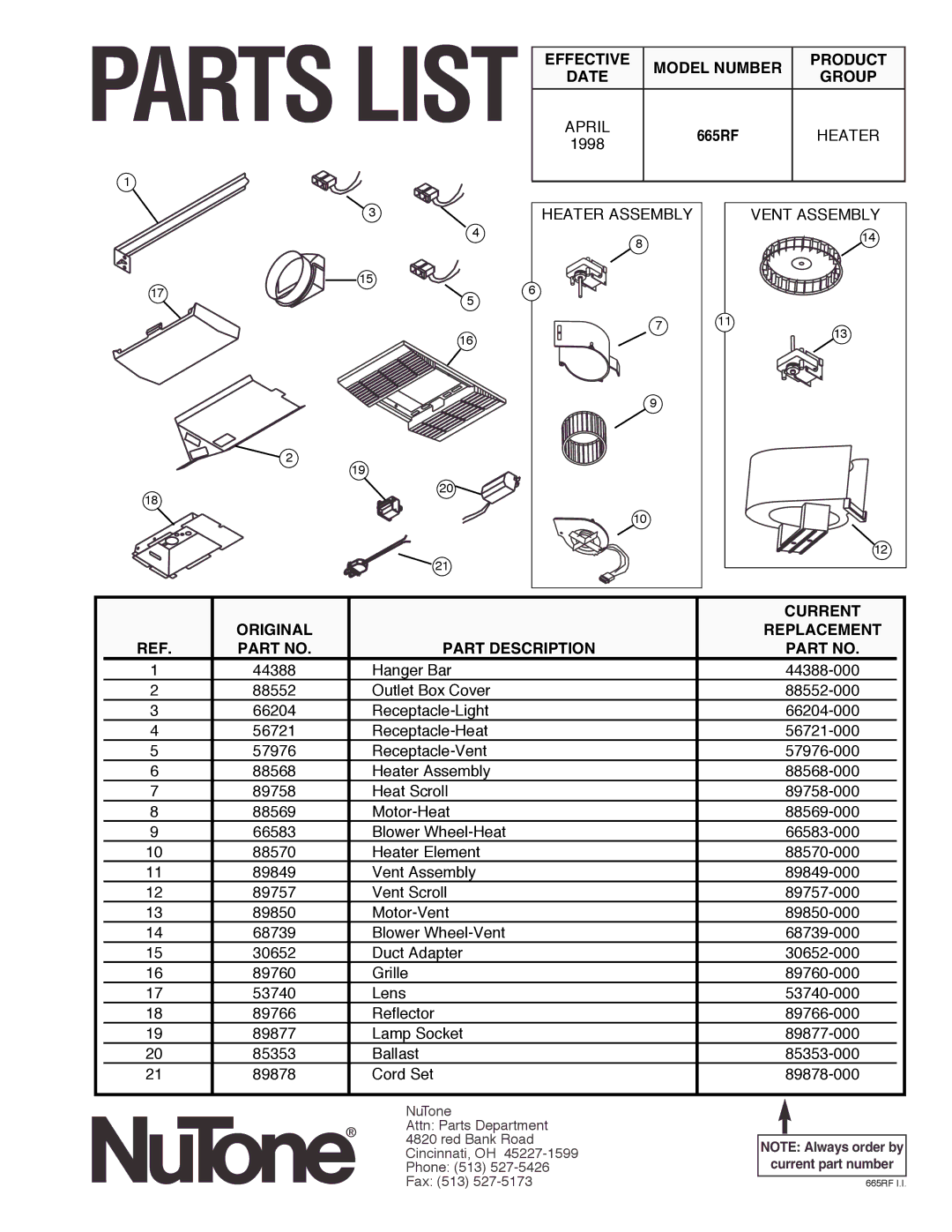 NuTone 665RF installation instructions Parts List 