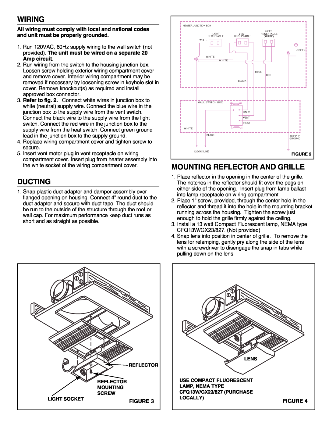 NuTone 665RF installation instructions Wiring, Ducting, Mounting Reflector And Grille, Amp circuit 