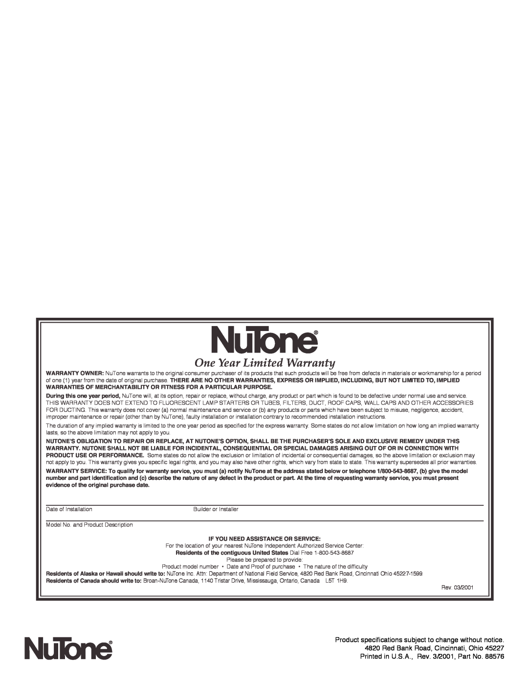 NuTone 665RF One Year Limited Warranty, Warranties Of Merchantability Or Fitness For A Particular Purpose 