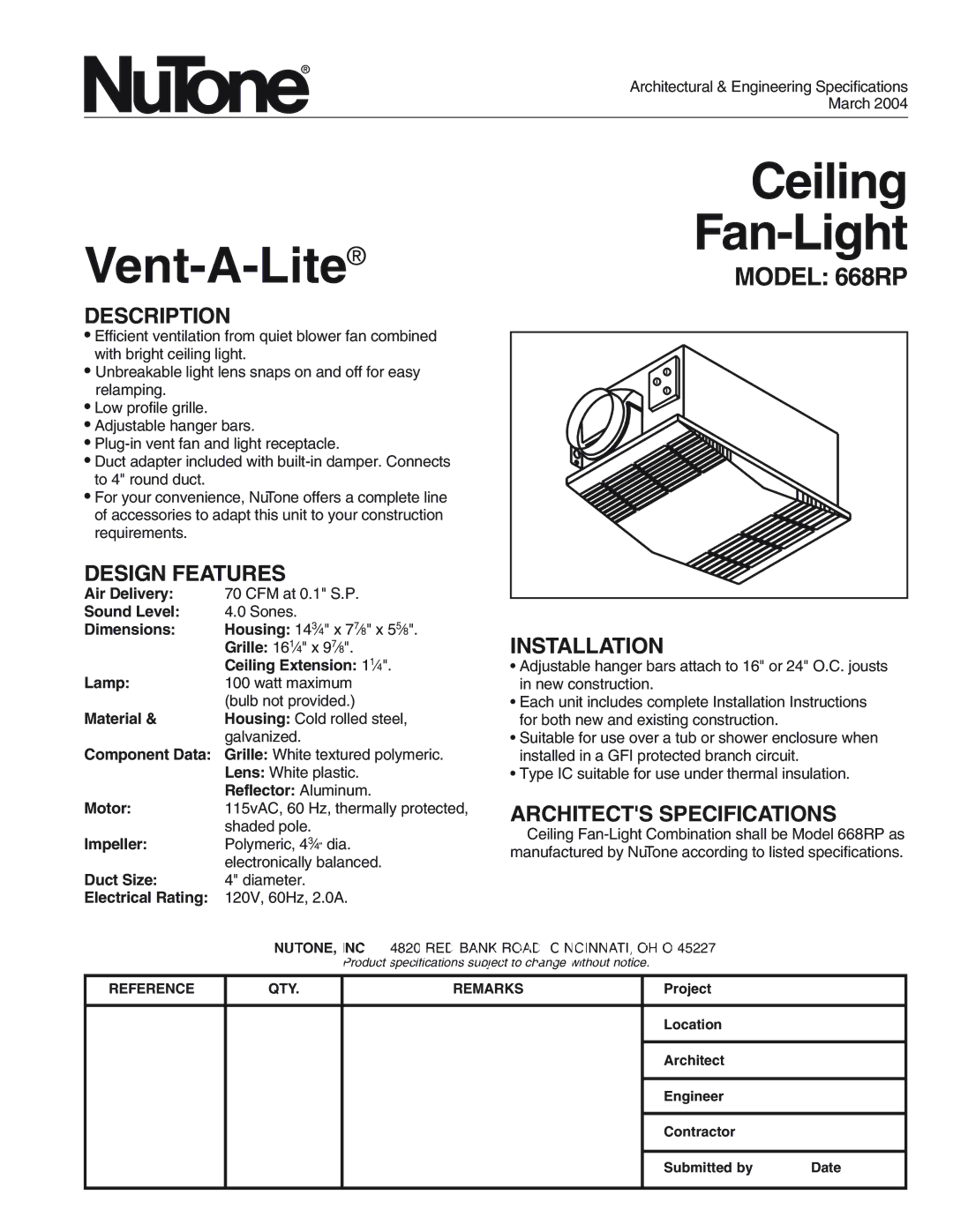 NuTone 668RP specifications Vent-A-Lite, Ceiling Fan-Light 