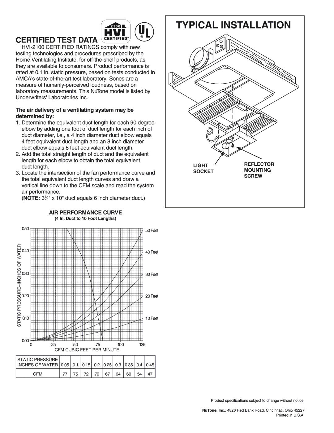 NuTone 668RP specifications Certified Test Data, Air delivery of a ventilating system may be determined by 