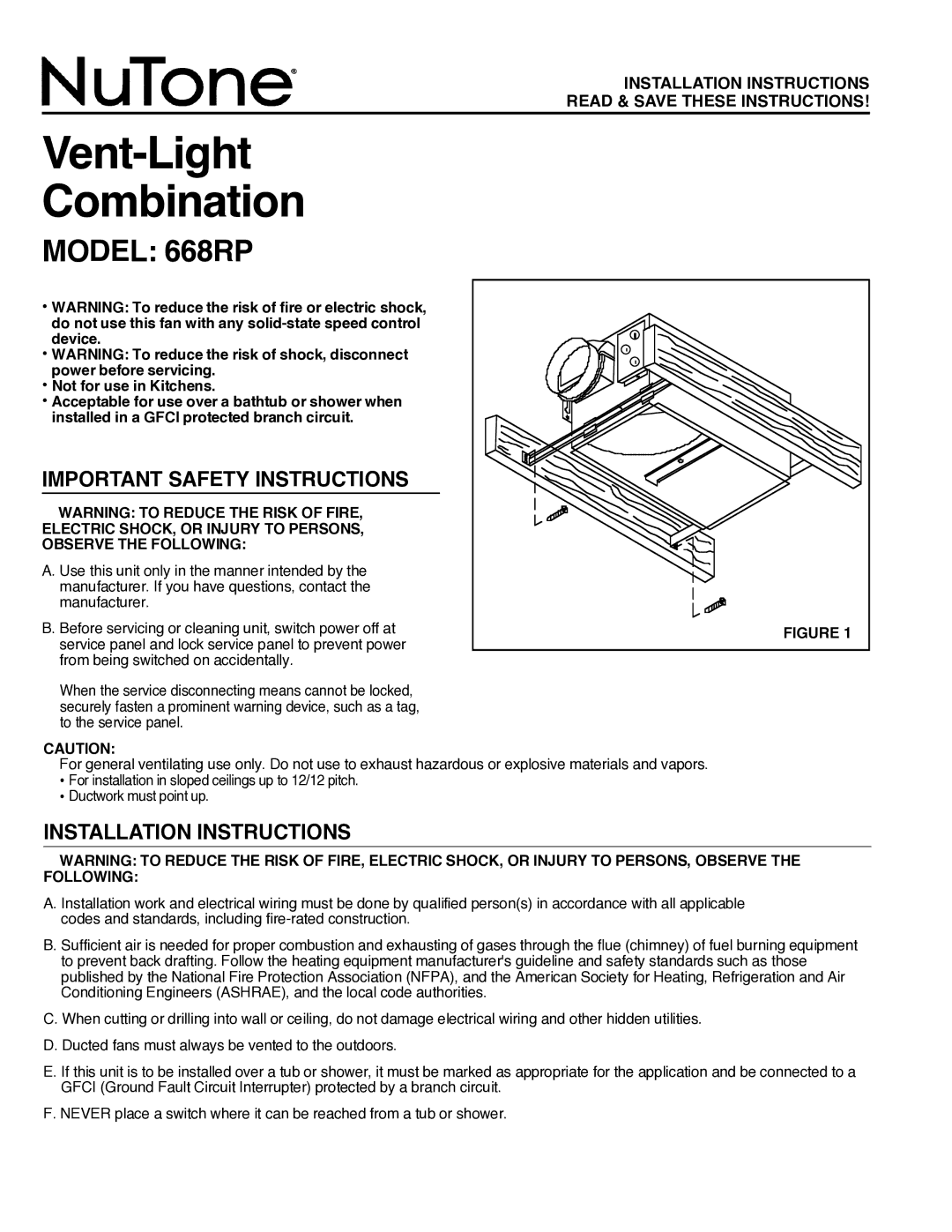 NuTone installation instructions Vent-Light Combination, Model 668RP, Important Safety Instructions 