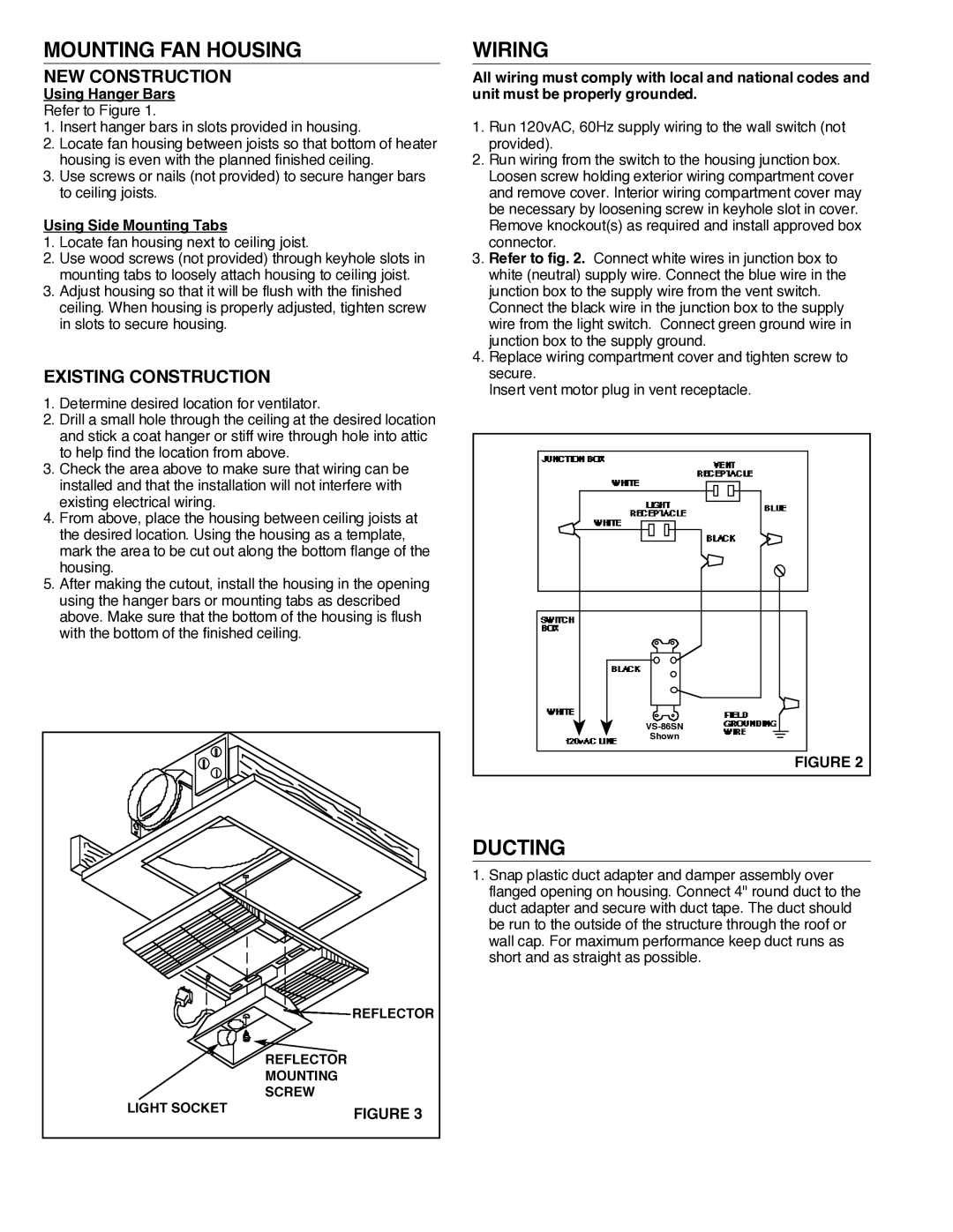 NuTone 668RP installation instructions Mounting FAN Housing, Wiring, Ducting, NEW Construction, Existing Construction 