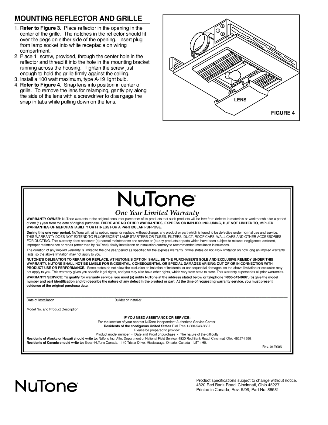 NuTone 668RP installation instructions Mounting Reflector and Grille 