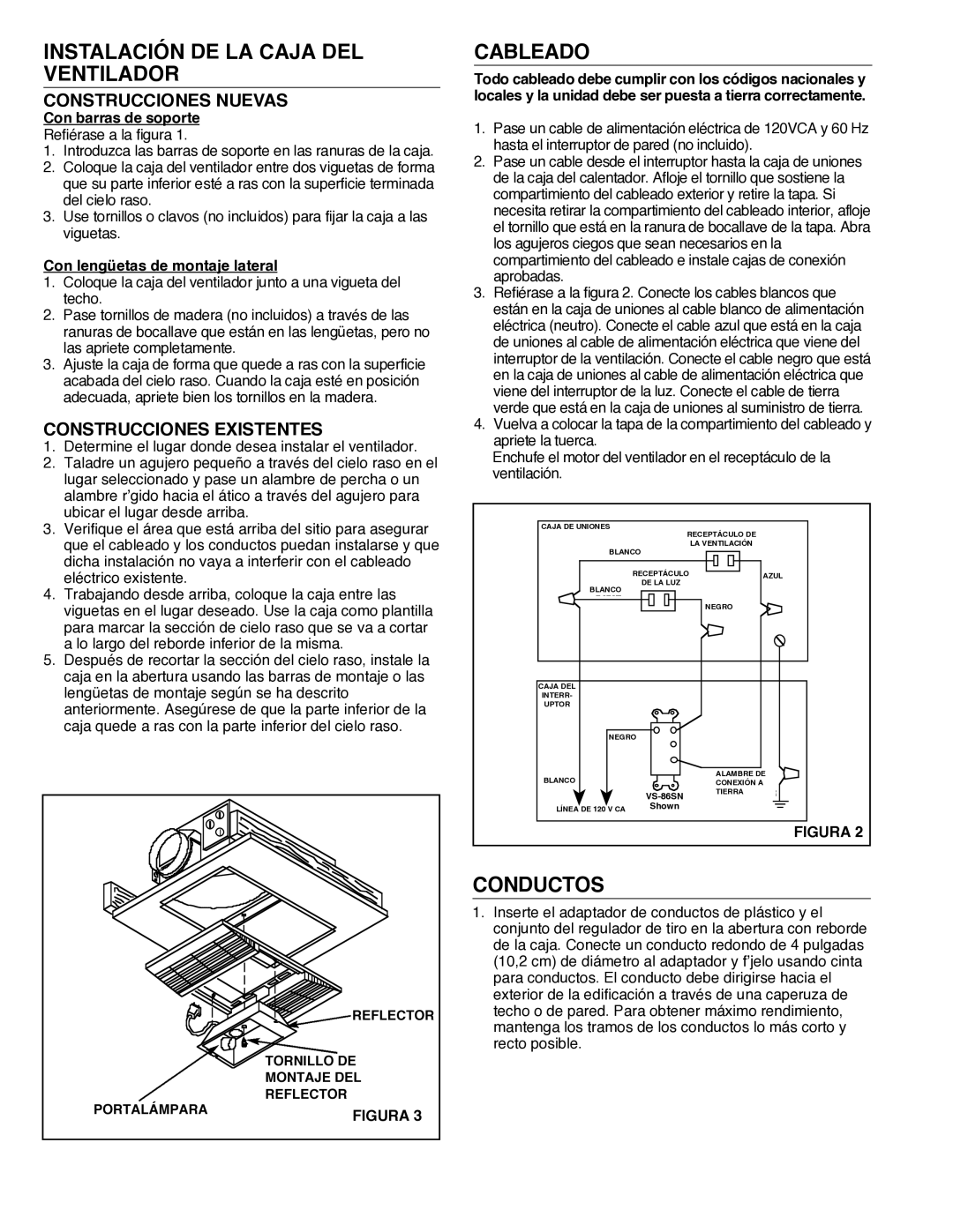 NuTone 668RP Instalación DE LA Caja DEL Ventilador, Cableado, Conductos, Construcciones Nuevas, Construcciones Existentes 