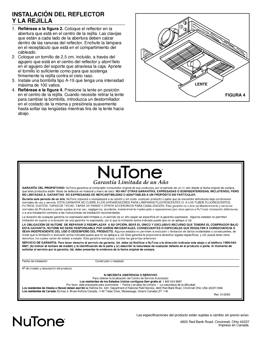 NuTone 668RP installation instructions Instalación DEL Reflector LA Rejilla, Abajo 