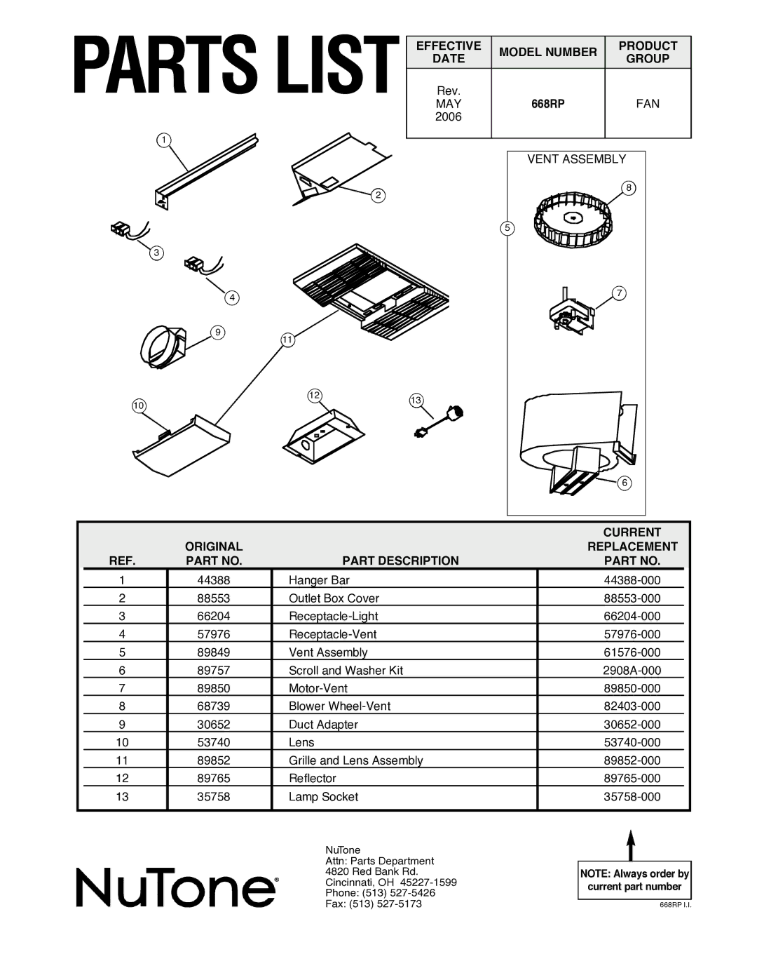 NuTone 668RP Effective, May, Model Number Product Group, Original Current Part Description Replacement 