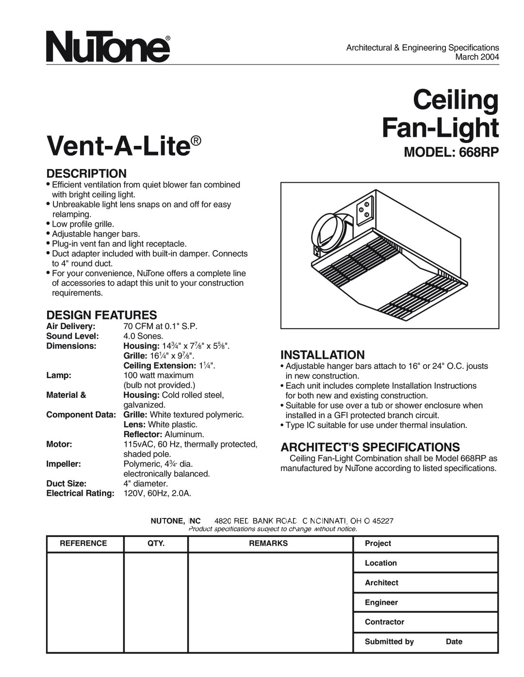 NuTone installation instructions Vent-Light Combination, MODEL 668RP, Important Safety Instructions 