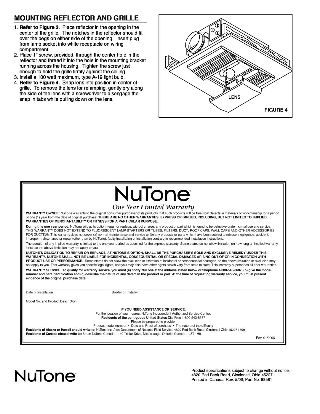 NuTone 668RP installation instructions Mounting Reflector And Grille 