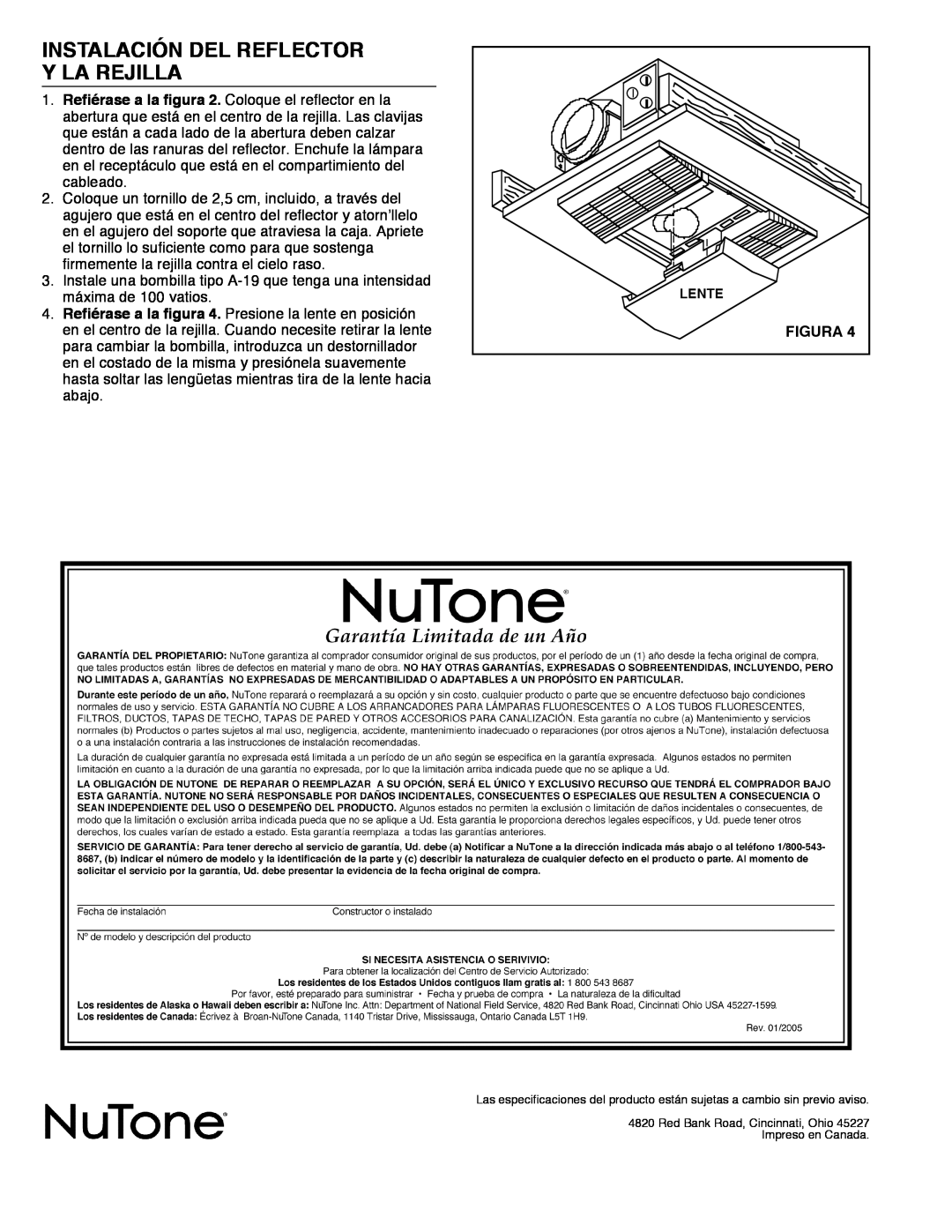 NuTone 668RP installation instructions Instalación Del Reflector, Y La Rejilla, Figura 