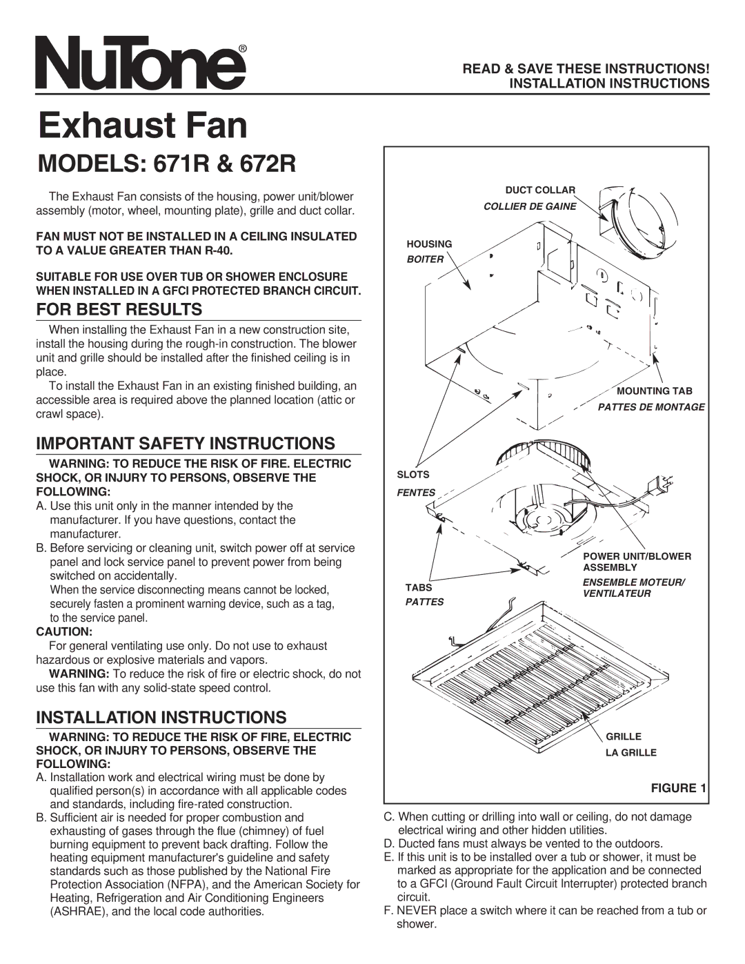 NuTone important safety instructions Exhaust Fan, Models 671R & 672R, For Best Results, Important Safety Instructions 