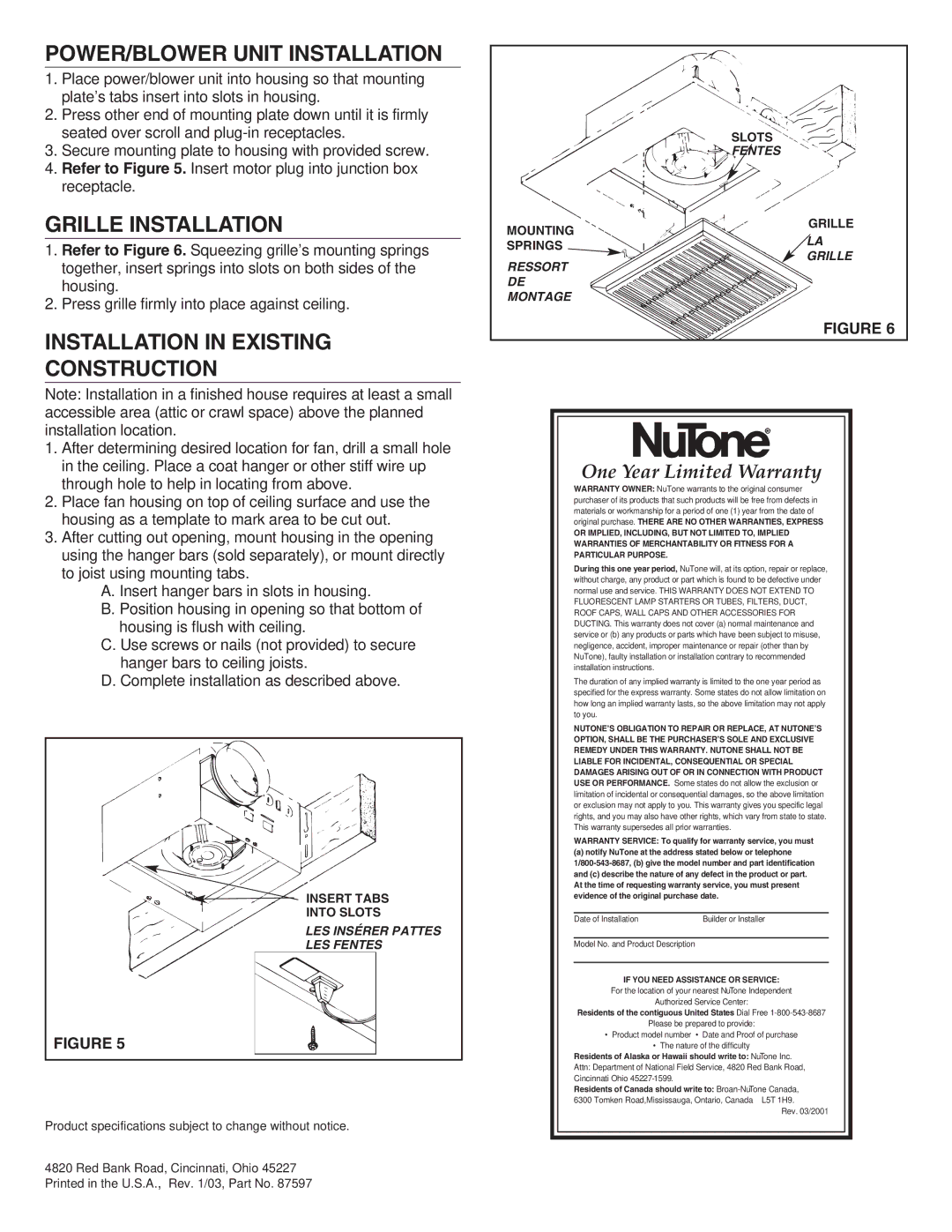 NuTone 671R, 672R POWER/BLOWER Unit Installation, Grille Installation, Installation in Existing Construction 