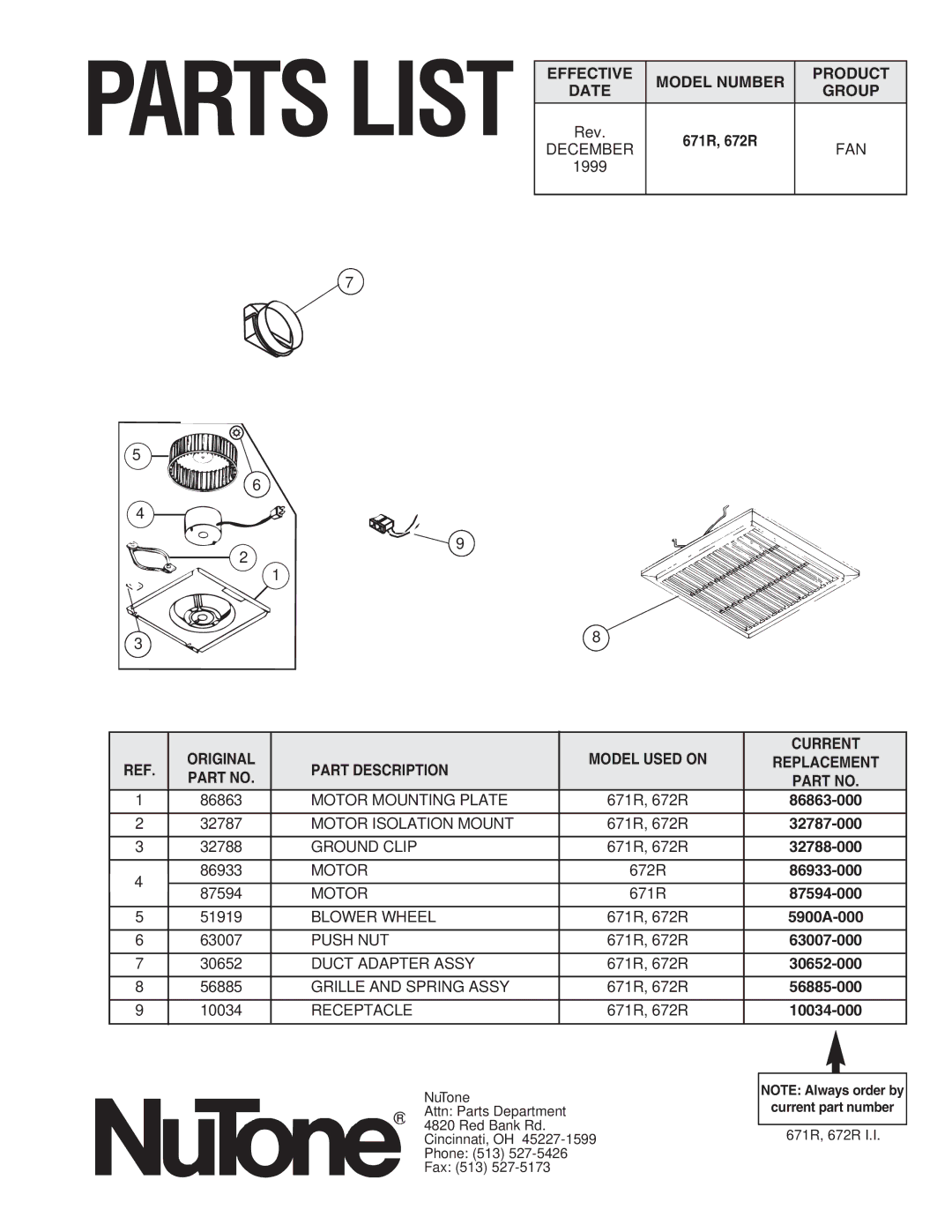 NuTone 672R, 671R important safety instructions December, Fan, Date Group, Original Model Used on Current Part Description 