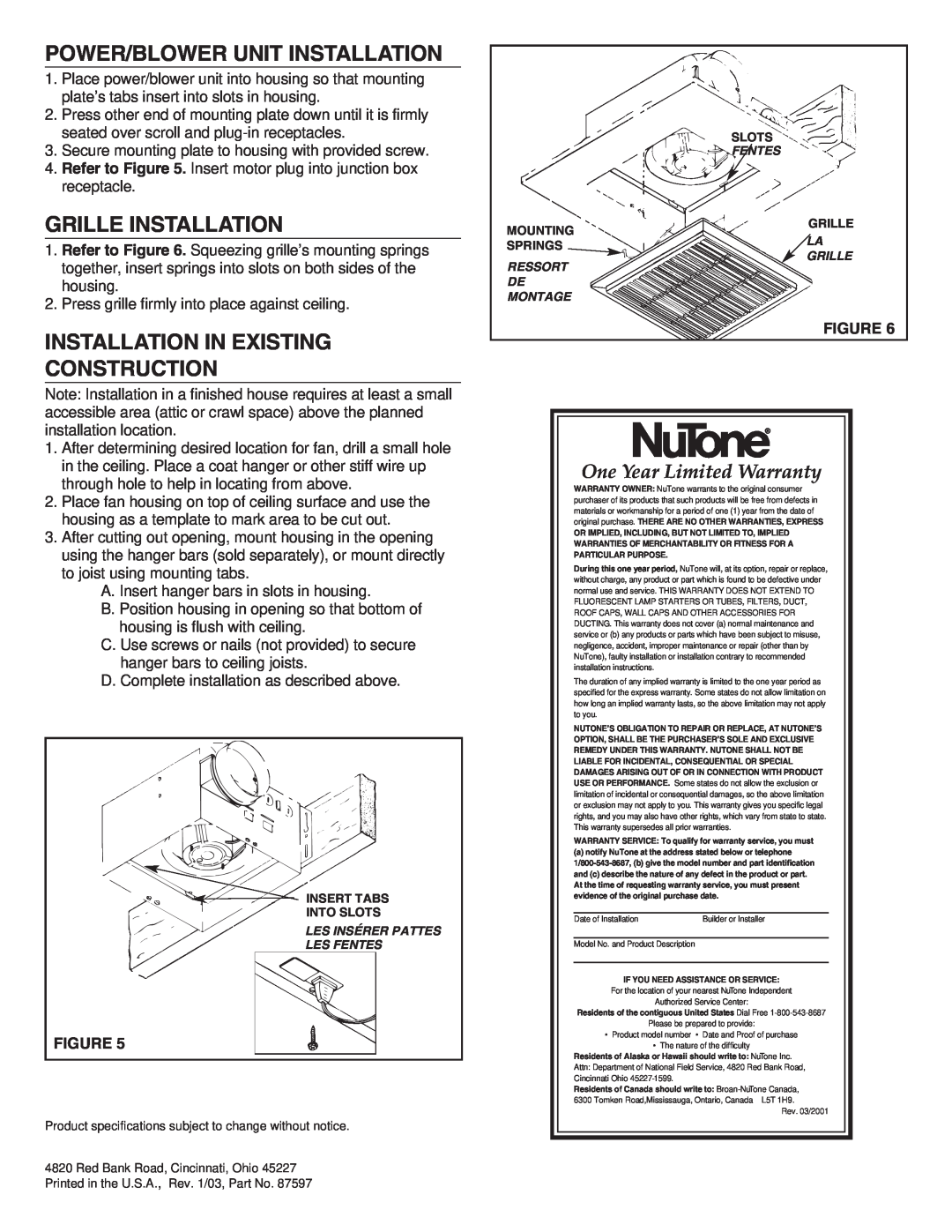 NuTone 671R, 672R Power/Blower Unit Installation, Grille Installation, Installation In Existing Construction 