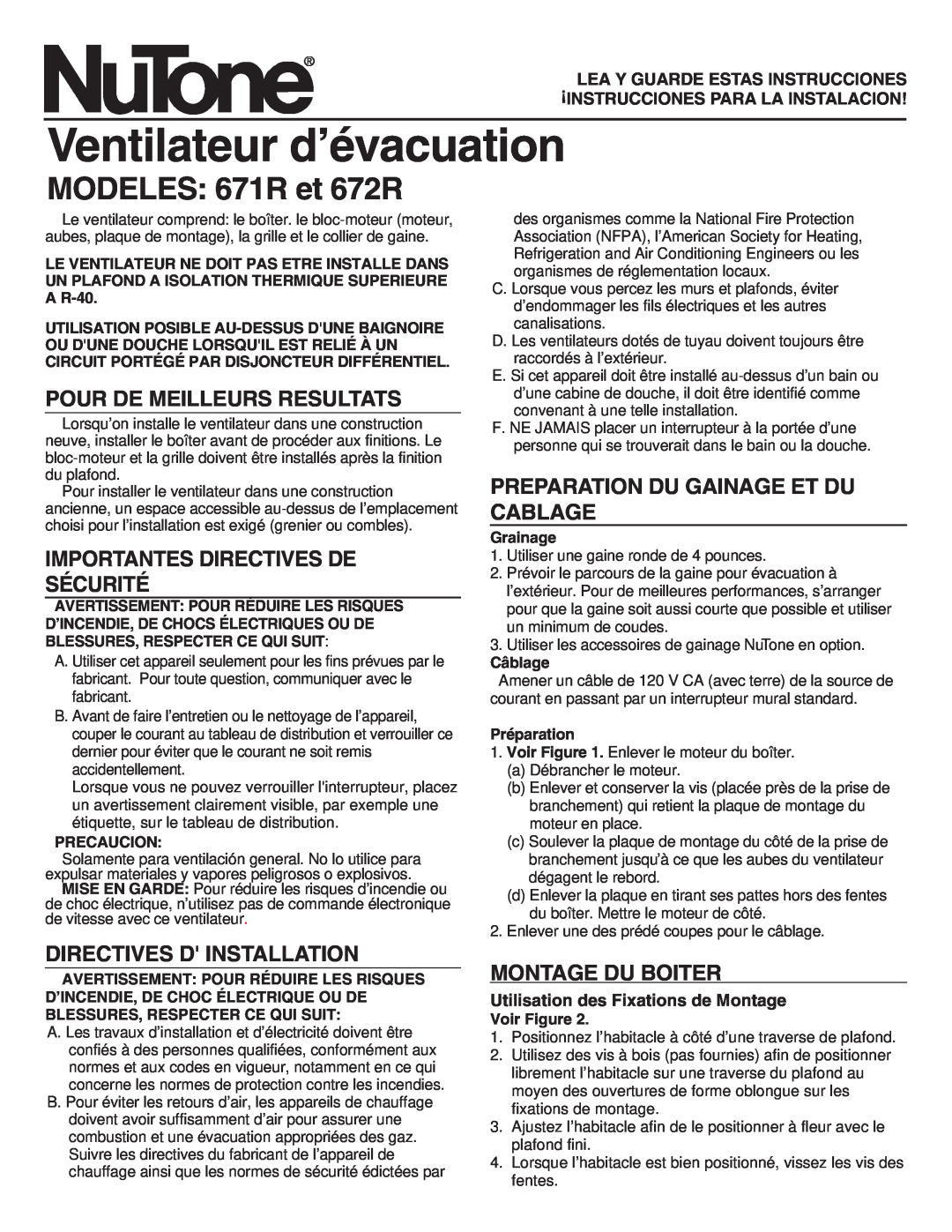 NuTone Ventilateur d’évacuation, MODELES 671R et 672R, Pour De Meilleurs Resultats, Importantes Directives De Sécurité 